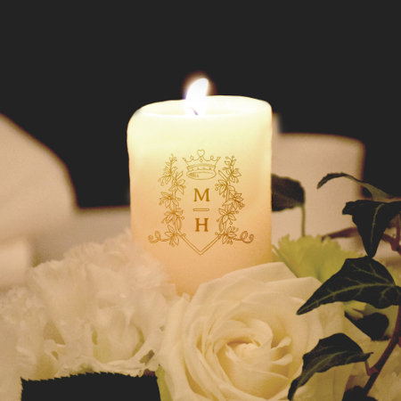 Gold Heart Crown Crest Monogram White Wedding Pillar Candle