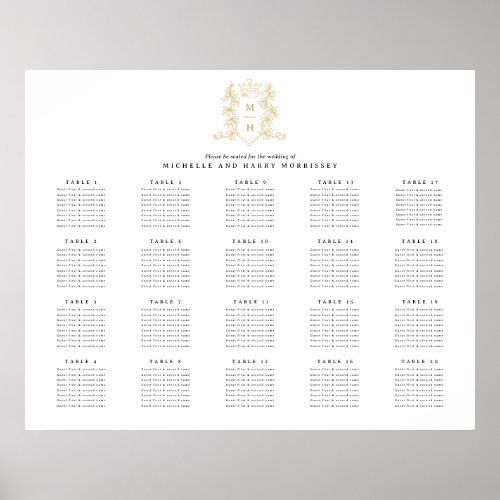 Gold heart crown wedding 20 table seating chart