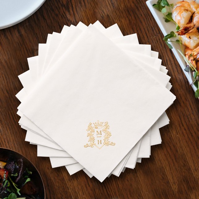 Gold heart crown wedding monogrammed custom corner foil napkins (Creator Uploaded)