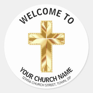 Gold Heart Crucifix Church Welcome Classic Round Sticker