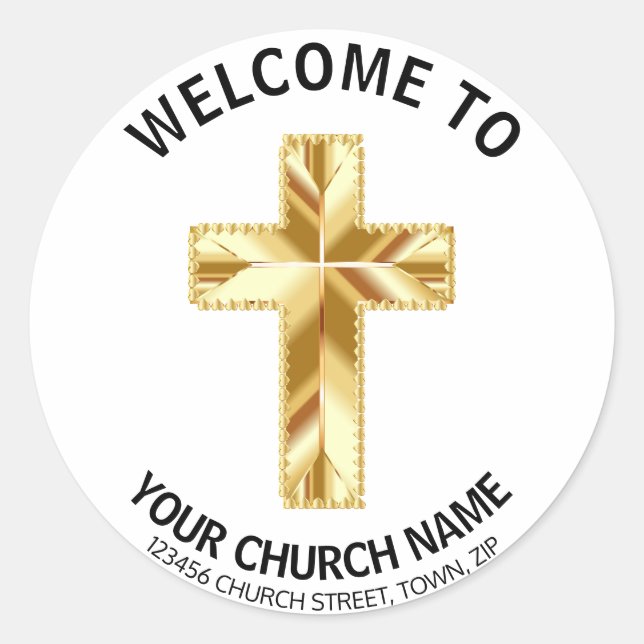 Gold Heart Crucifix Church Welcome Classic Round Sticker (Front)