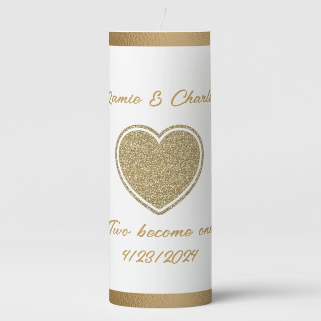 Gold Heart Custom Wedding  Pillar Candle (Front)