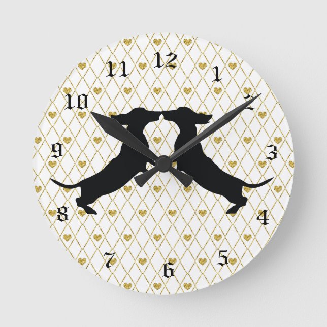Gold Heart Dachshund Silhouette Wall Clock (Front)