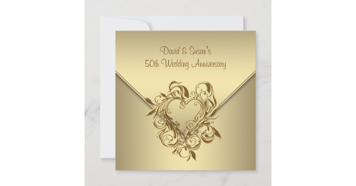 Gold Heart Elegant Gold 50th Wedding Anniversary Invitation | Zazzle