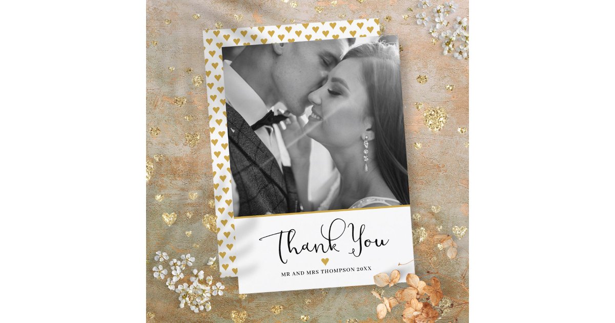 Gold Heart Elegant Script Wedding Photo Thank You Card | Zazzle