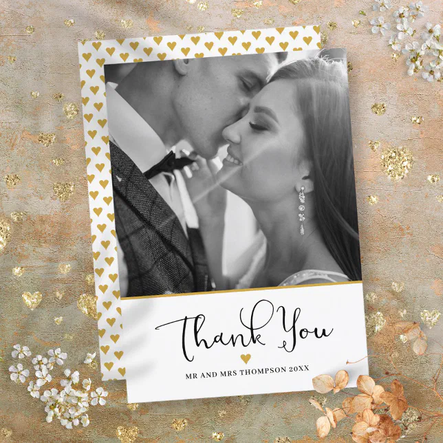 Gold Heart Elegant Script Wedding Photo Thank You Card | Zazzle