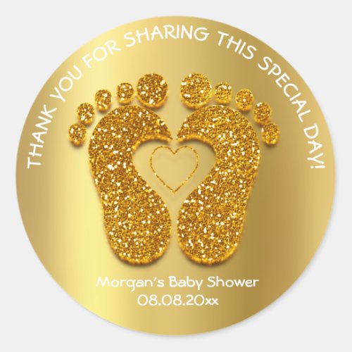 Gold Heart Feet Baby Shower Favor Gift Thank White Classic Round Sticker