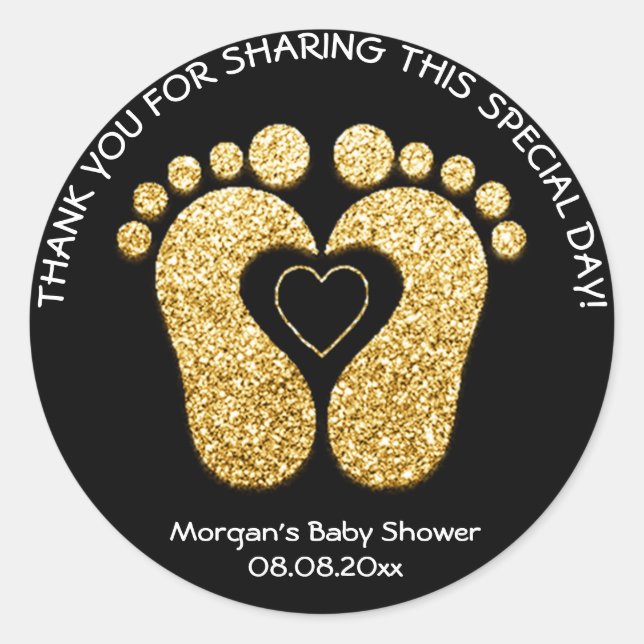 Gold Heart Feet Baby Shower Favor Thank You Black Classic Round Sticker (Front)