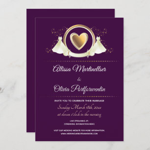 Gold Heart Female Purple Virtual Wedding Invitation