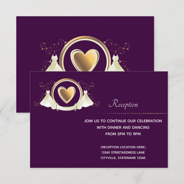 Gold Heart Female Wedding | Reception card (Front/Back)
