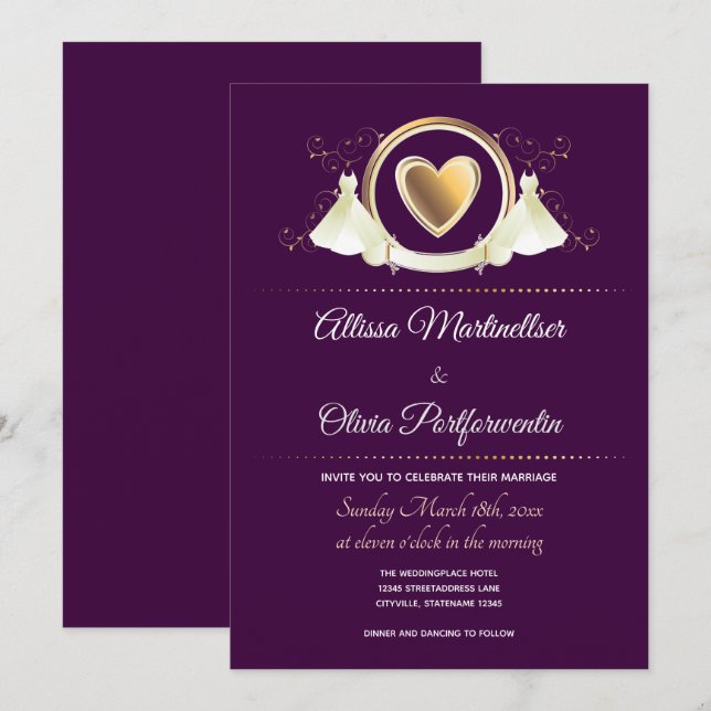 Gold Heart Female Wedding | Wedding Invitation (Front/Back)