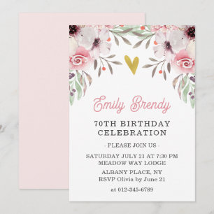 Gold Heart Floral 70th Birthday Party Invite 