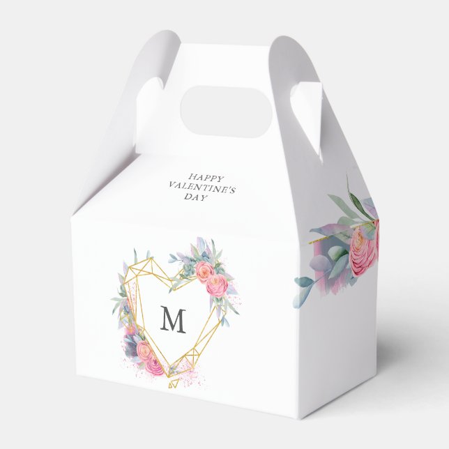gold heart frame blush floral  monogram Valentines Favor Boxes (Front Side)