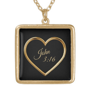 Gold Heart Frame John 3:16 Scripture Plated Necklace