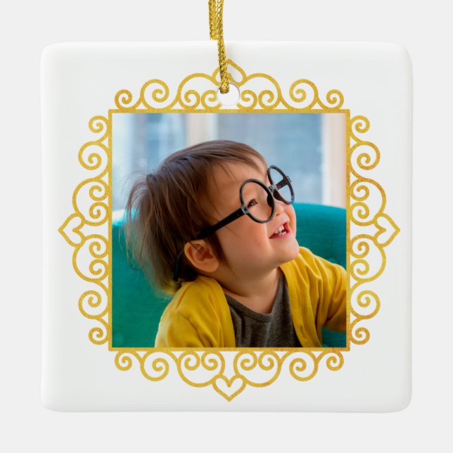 Gold Heart Frame Photo Personalized Gift Christmas Ceramic Ornament (Front)