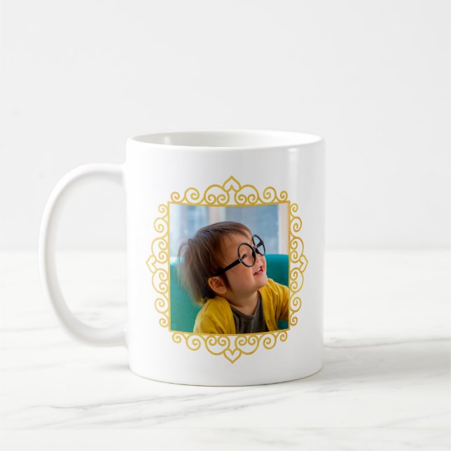 Gold Heart Frame Photo Personalized Gift Coffee Mug (Left)