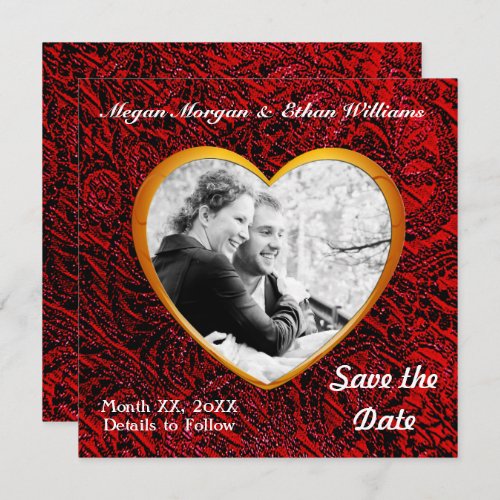 Gold Heart Frame  Red Fabric Add Photo Save The Date