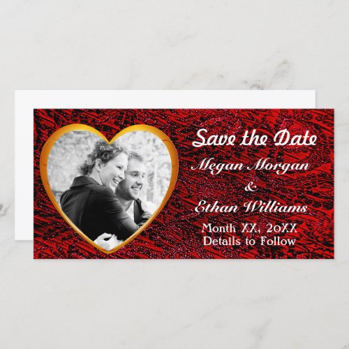 Gold Heart Frame  Red Fabric Add Photo Save The Date