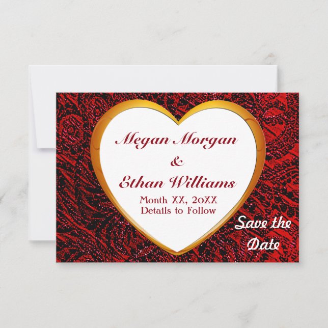 Gold Heart Frame & Red Fabric Pattern Couple Save The Date (Front)