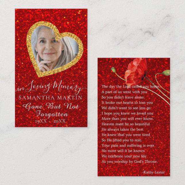 Gold Heart Funeral Memorial Prayer Photo Card (Front/Back)