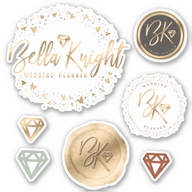 Gold Heart Gem & Confetti Custom Made Company Logo Sticker (Front)
