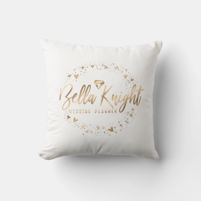 Gold Heart Gem & Confetti Custom Made Company Logo Throw Pillow (Front)