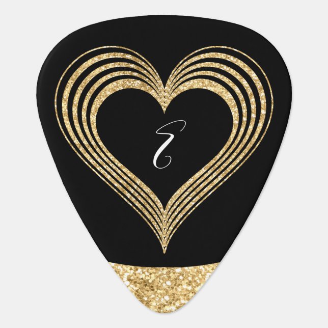 Gold Heart Girly Glitter Monogrammed Guitar Pick (Front)