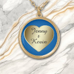 Gold Heart Gold Plated Necklace<br><div class="desc">This pretty necklace is a simple gold heart which holds your text in black. The background is shown in blue,  but can be changed to anything you'd like by choosing Customize It. Perfect for Valentine's Day,  Christmas,  birthdays,  or anytime for your sweetheart to wear.</div>