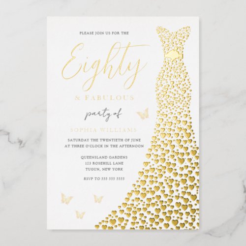 Gold Heart Gown 80th Birthday Party Real Golden Foil Invitation