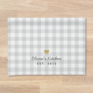 Gold Heart Gray Buffalo Check Custom Name Gift Kitchen Towel