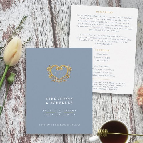 Gold heart gray white wedding directions schedule enclosure card