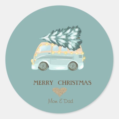 Gold HeartGreen Truck Pine Tree Christmas  Classic Round Sticker