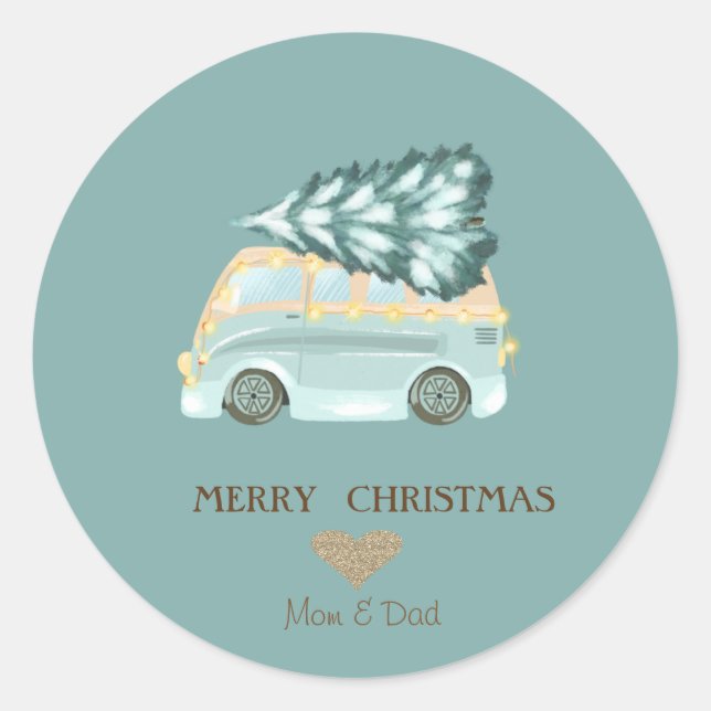 Gold Heart,Green Truck Pine Tree Christmas  Classic Round Sticker (Front)