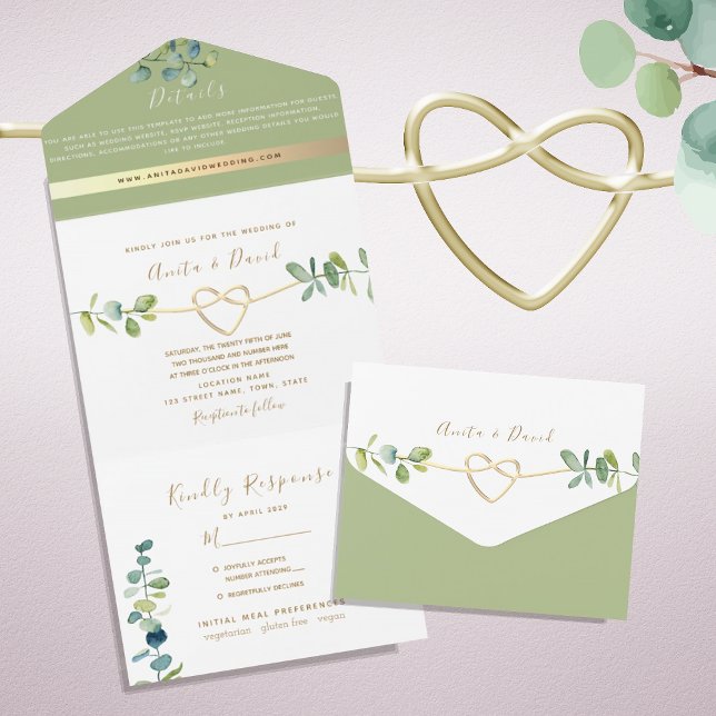 Gold Heart Greenery Photo Wedding All In One Invitation (Creator Uploaded)