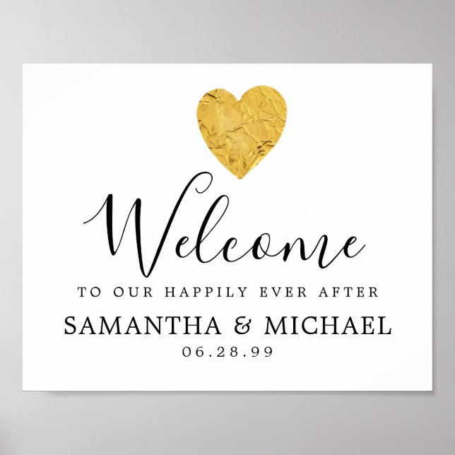 Gold Heart Happily Ever After Wedding Welcome Sign (Front)