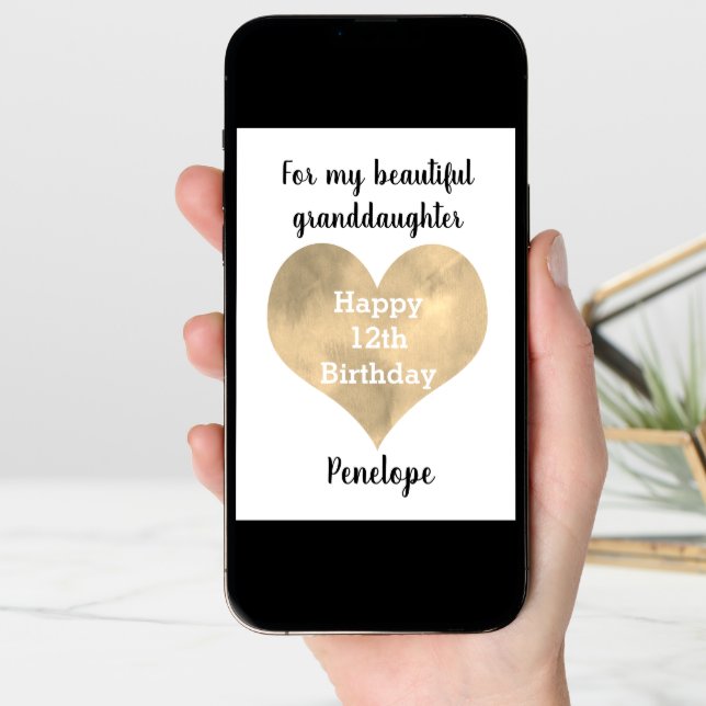 Gold Heart Happy 12th Birthday Granddaughter Card (Front Digital)