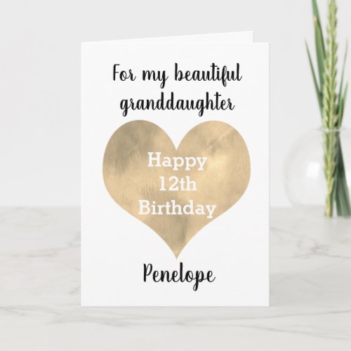 Gold Heart Happy 12th Birthday Granddaughter Card