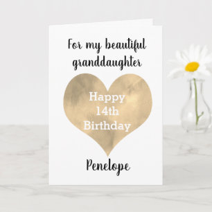 Gold Heart Happy 14th Birthday Card
