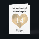 Gold Heart Happy 14th Birthday Granddaughter Card<br><div class="desc">A personalized heart granddaughter 14th birthday card that features a watercolor gold heart. You can personalize  gold heart with the age you need and add her name underneath the heart. The inside card message reads a heartfelt birthday message,  which also be easily personalized if wanted.</div>