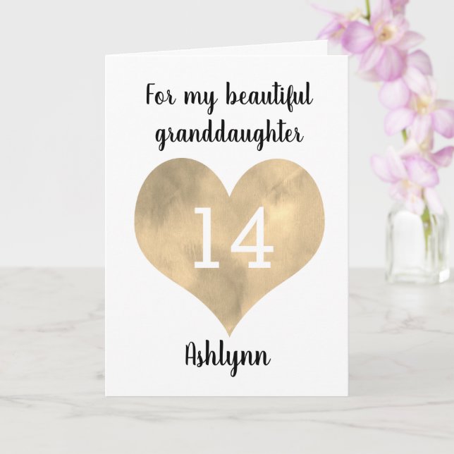 Gold Heart Happy 14th Birthday Granddaughter Card (Orchid)