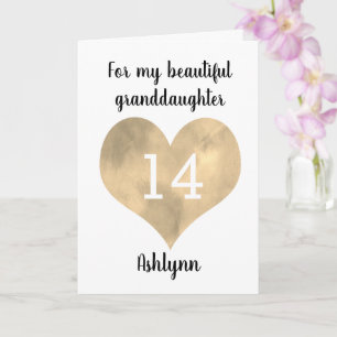 Gold Heart Happy 14th Birthday Granddaughter Card