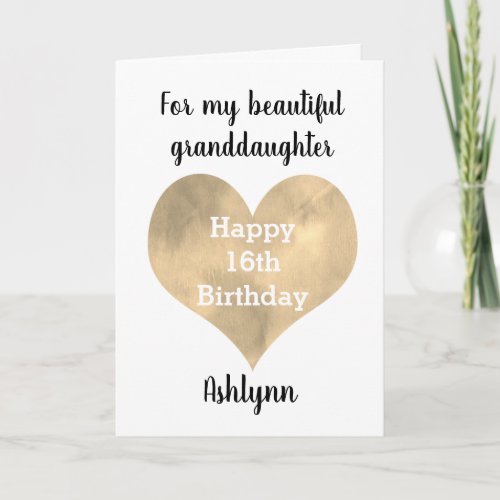 Gold Heart Happy 16th Birthday Granddaughter Card