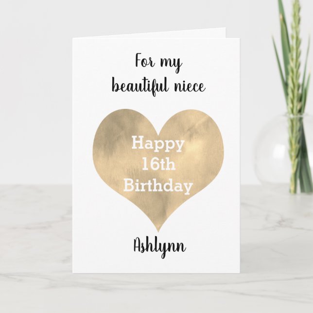 Gold Heart Happy 16th Birthday Niece Card (Front)