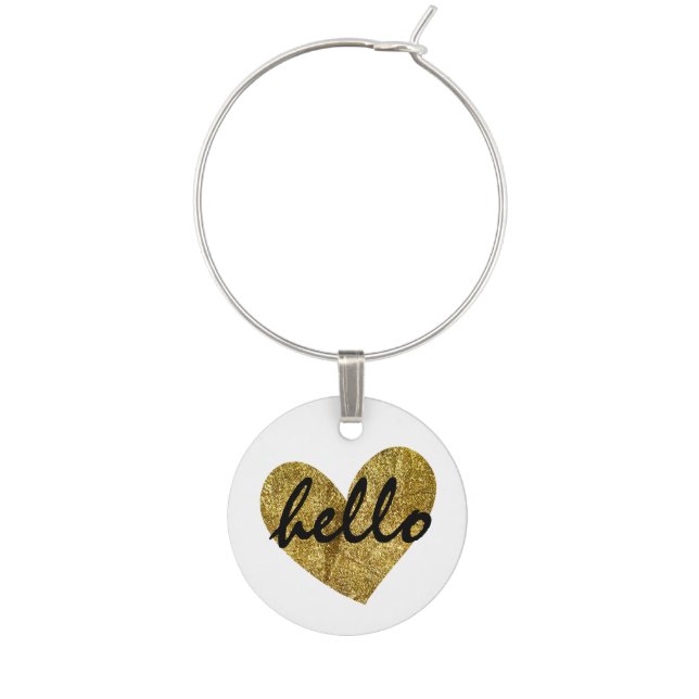 Gold Heart Hello Wine Glass Charm (Front)