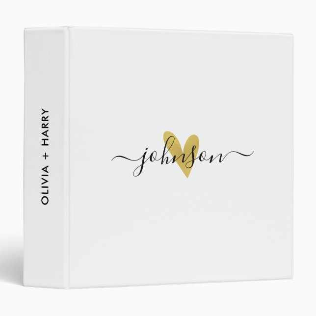 Gold Heart Lettered Name | Wedding Photo Album   3 Ring Binder (Front/Spine)