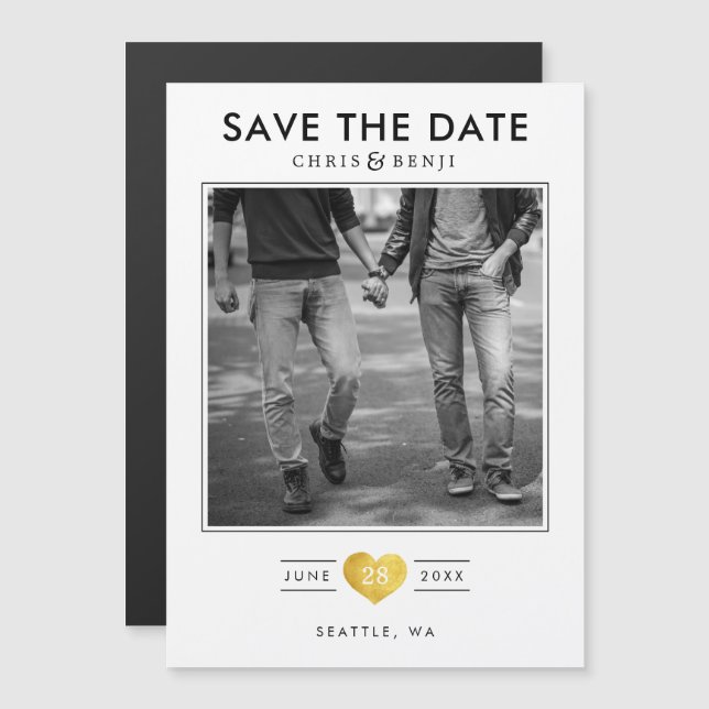 Gold Heart LGBTQ Save the Date with Photo Magnetic Invitation (Front/Back)