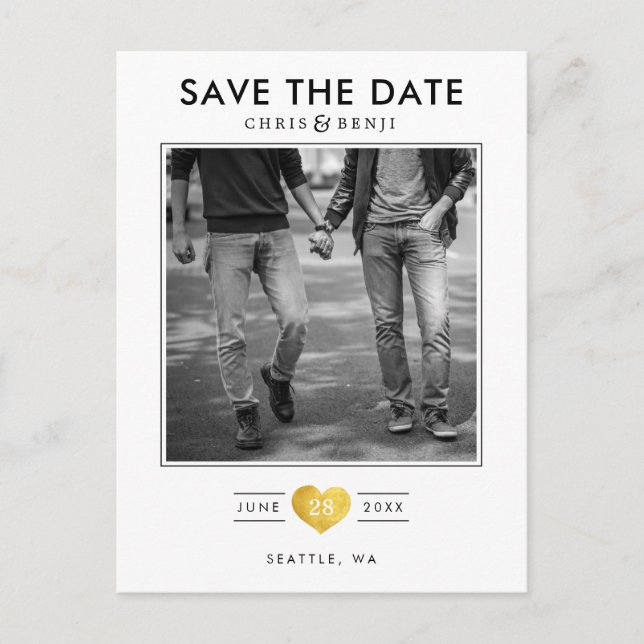 Gold Heart LGBTQ Save the Date with Photo Postcard (Front)