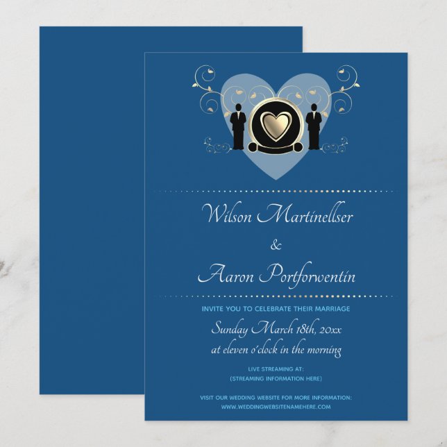 Gold Heart Male Classic Blue Virtual Wedding Invitation (Front/Back)