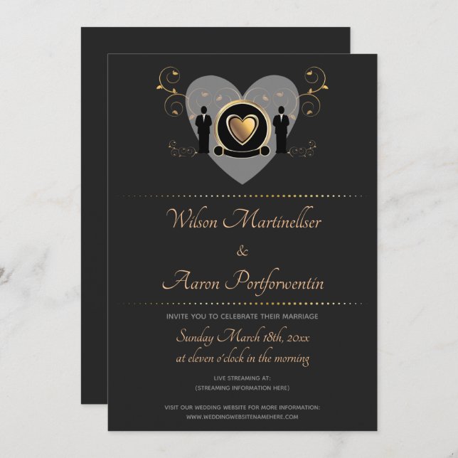 Gold Heart Male Virtual Wedding Invitation (Front/Back)