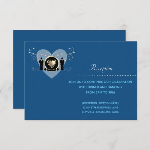 Gold Heart Male Wedding Blue  Reception Card